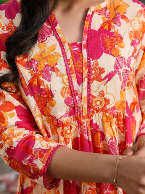 Cream Pure Cotton Floral Printed A-Line Tunic