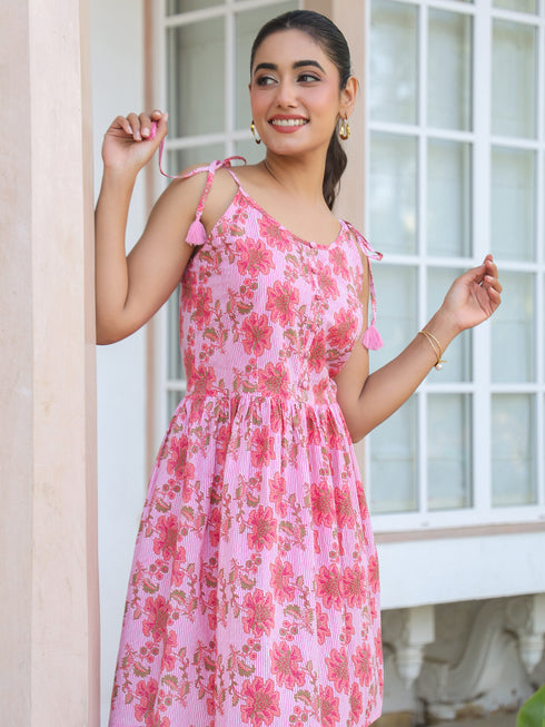 Pink Pure Cotton Floral Printed A-line Tunic