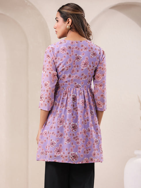Lavender Georgette Floral Printed A-Line Tunic