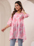 Pink Cotton Blend Floral Printed A-line Tunic