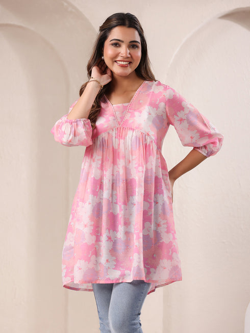 Pink Cotton Blend Floral Printed A-line Tunic