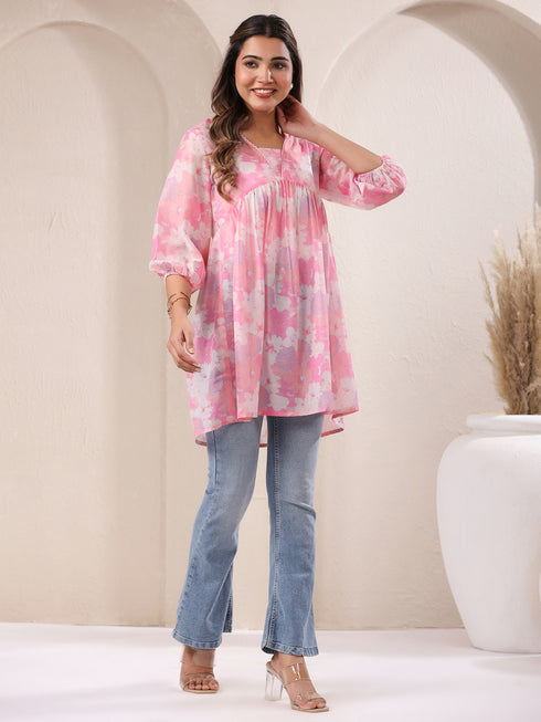 Pink Cotton Blend Floral Printed A-line Tunic