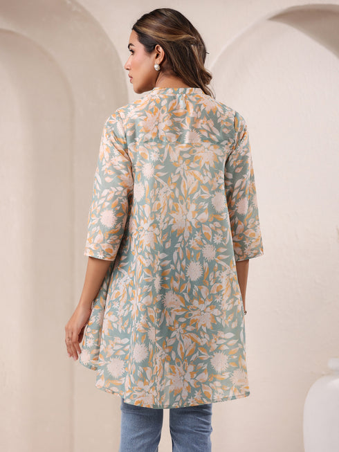 Sage Green Cotton Blend Floral Printed A-line Tunic