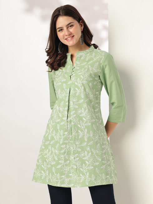 Light Green Pure Cotton Embroidered A-line Tunic