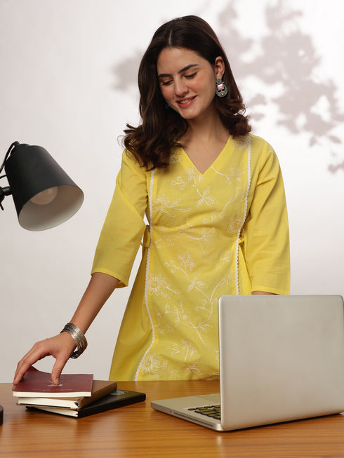 Yellow Pure Cotton Embroidered A-line Tunic