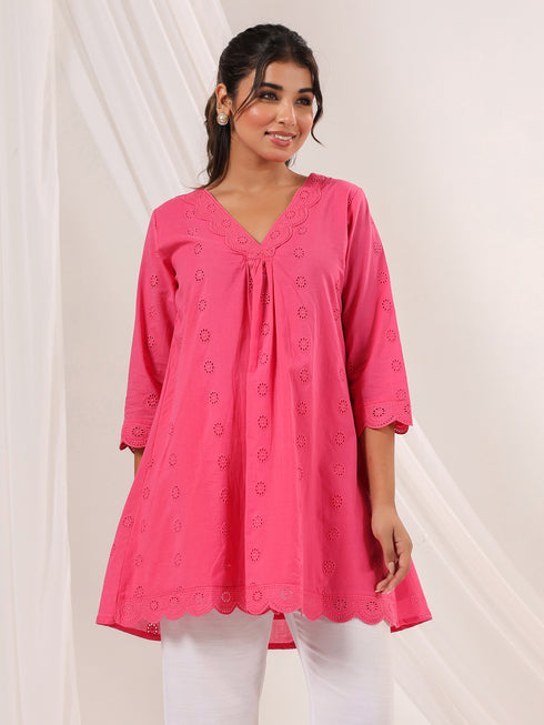 Janasya Women's Pink Pure Cotton Schiffli A-line Tunic
