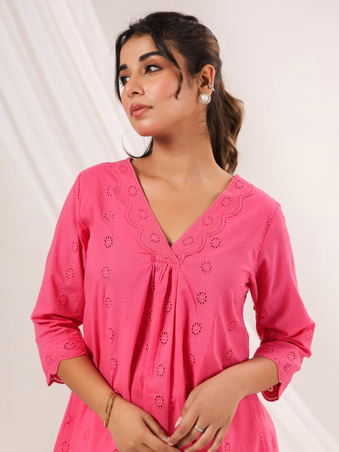 Janasya Women's Pink Pure Cotton Schiffli A-line Tunic