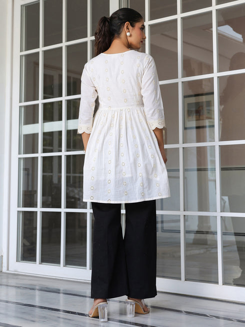 Off White Pure Cotton Schiffli A-line Tunic