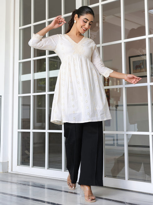 Off White Pure Cotton Schiffli A-line Tunic