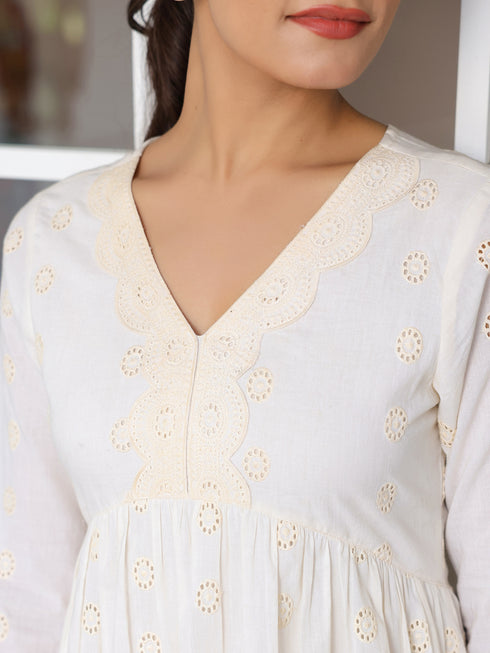 Off White Pure Cotton Schiffli A-line Tunic