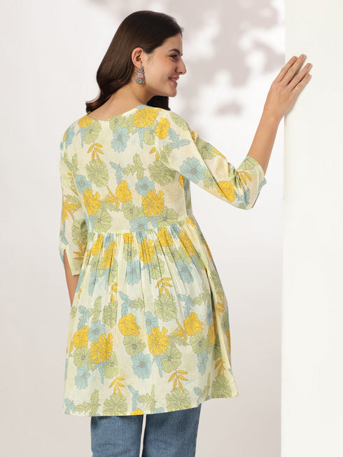 Off White Pure Cotton Floral Printed A-line Tunic