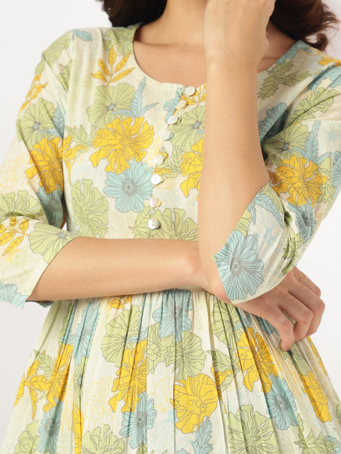 Off White Pure Cotton Floral Printed A-line Tunic