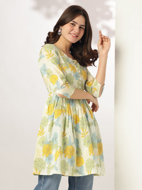 Off White Pure Cotton Floral Printed A-line Tunic