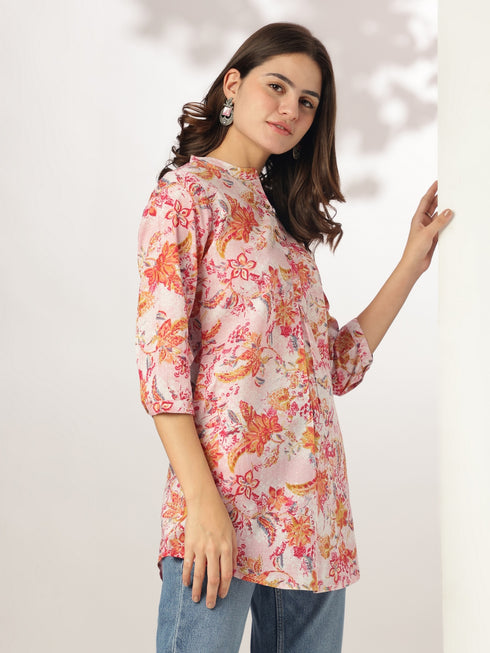 Pink Pure Cotton Floral Printed Straight Tunic