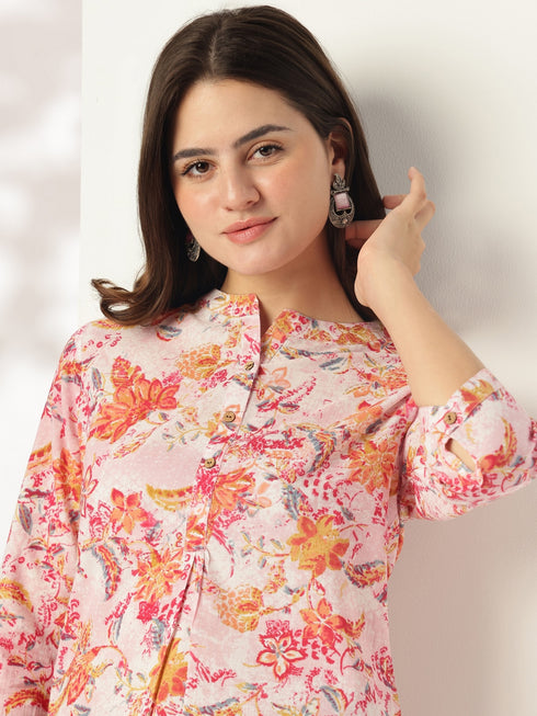 Pink Pure Cotton Floral Printed Straight Tunic
