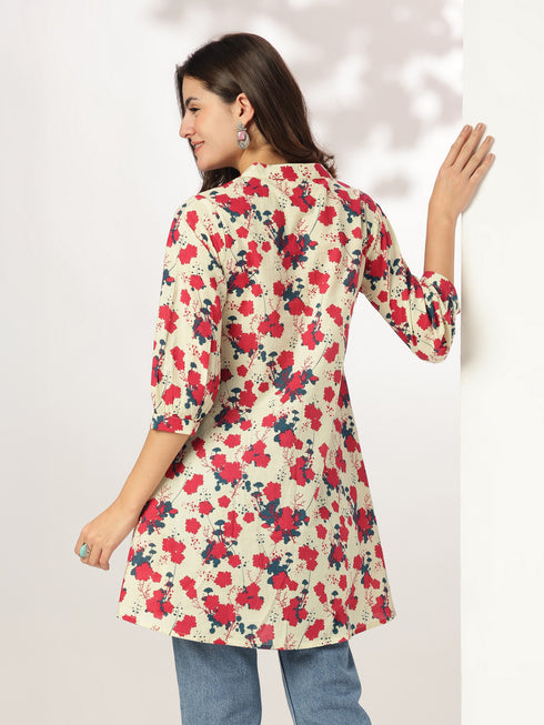 Cream Pure Cotton Floral Printed A-line Tunic