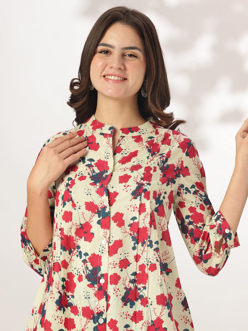 Cream Pure Cotton Floral Printed A-line Tunic