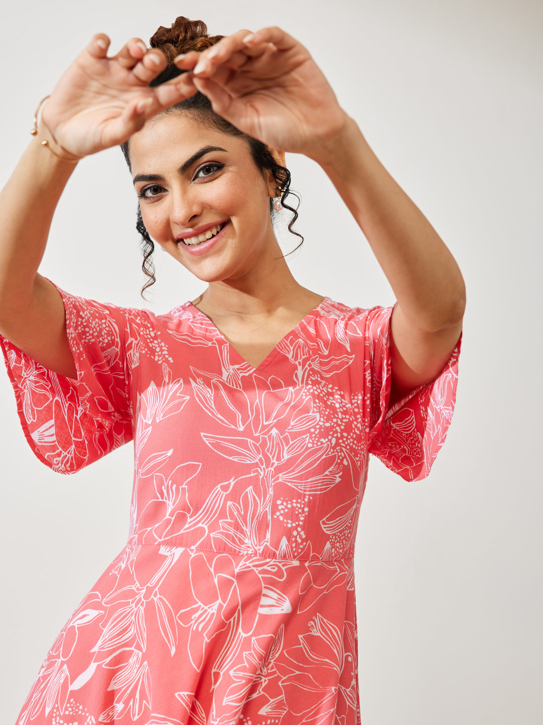 Janasya Women's Peach Cotton Floral Printed A-line Dress