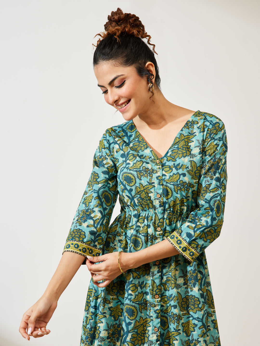 Janasya Women's Teal Blue Pure Cotton Floral Printed A-line Dress