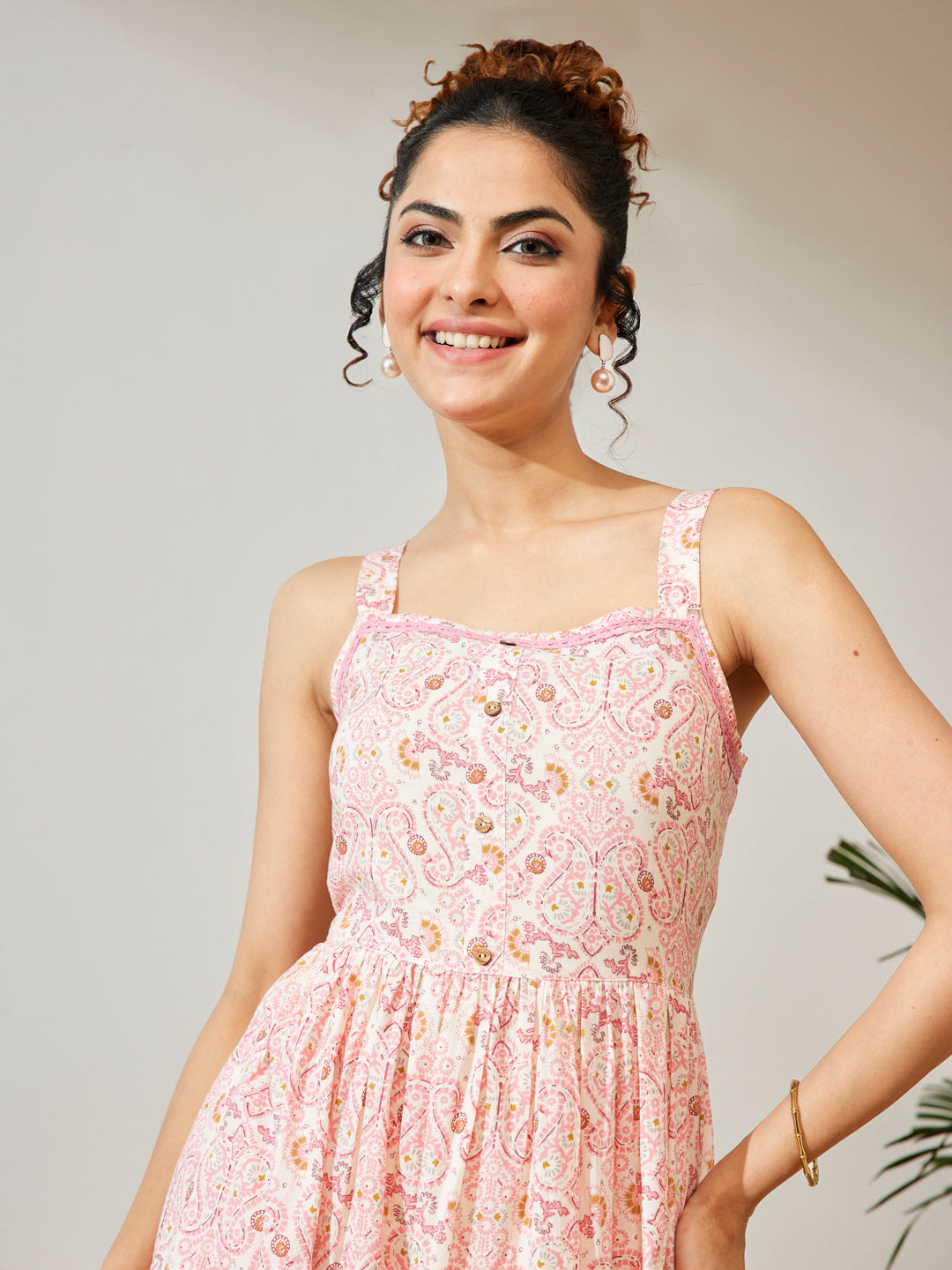 Janasya Women's Peach Pure Cotton Paisley Printed Fit & Flare Dress