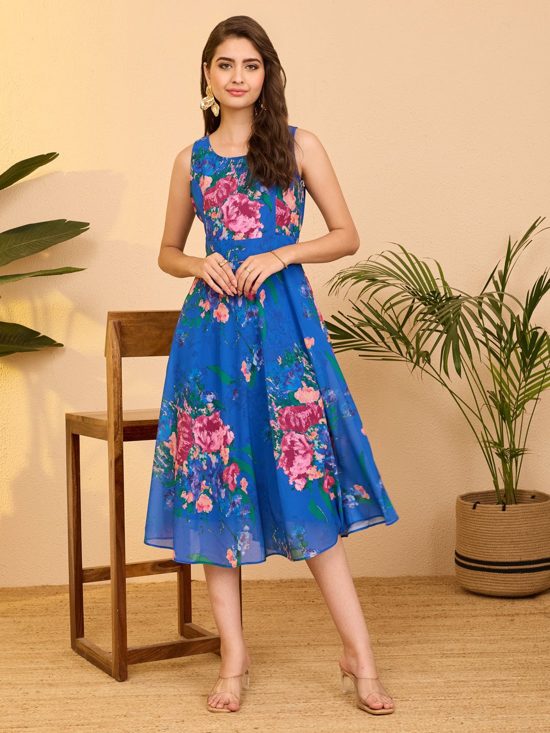 Janasya Women's Royal Blue Georgette Floral Printed A-line Flared Dress