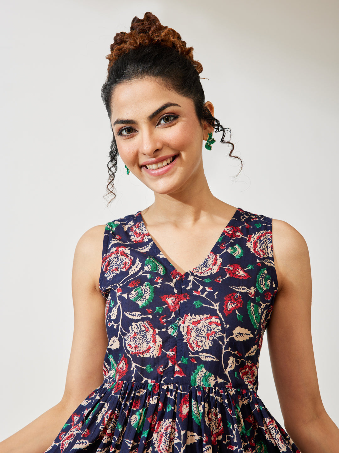 Janasya Women's Navy Blue Pure Cotton Floral Prinrted Gathered Dress