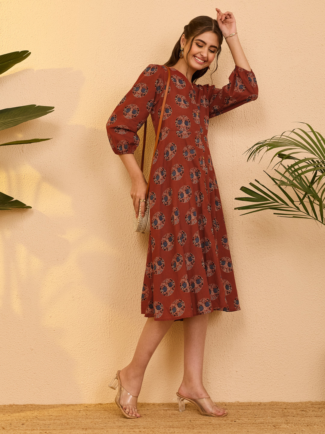 Janasya Women's Red Pure Cotton Ethnic Motifs Printed A-line Dress