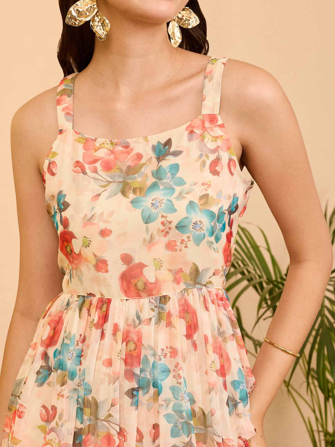 Janasya Women's Beige Chiffon Floral Printed Gathered Dress