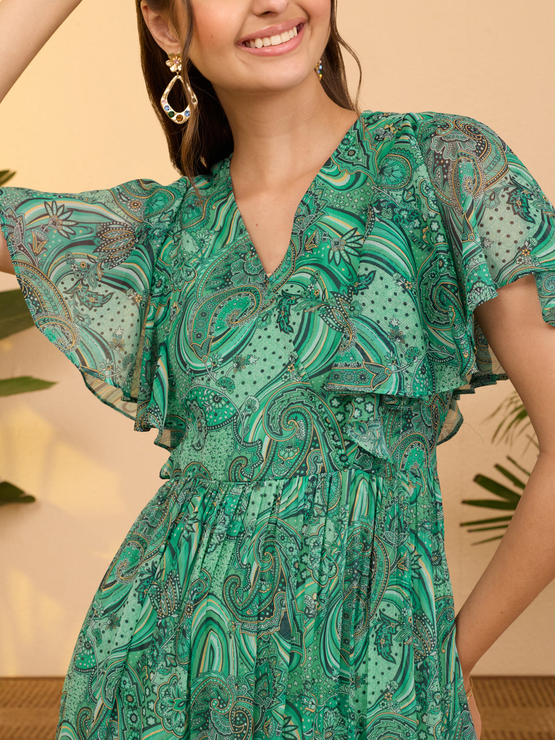 Janasya Women's Aqua Green Georgette Paisley Printed Flared Dress