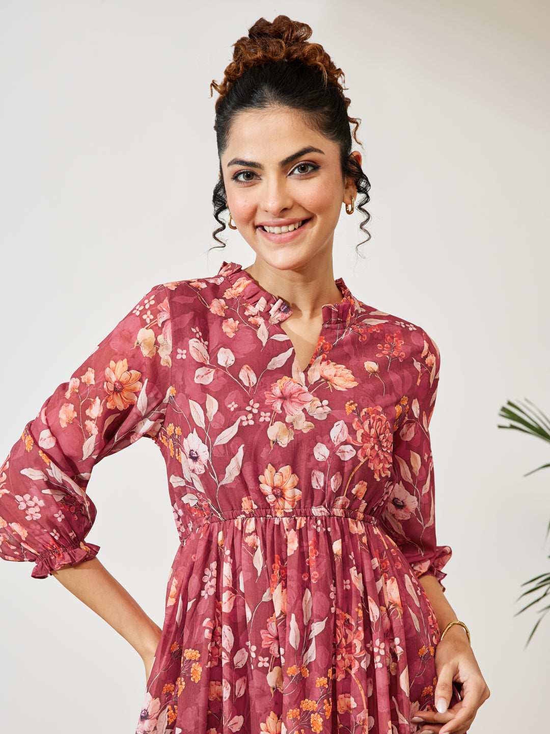 Janasya Women's Maroon Georgette Floral Printed Fit & Flare Dress