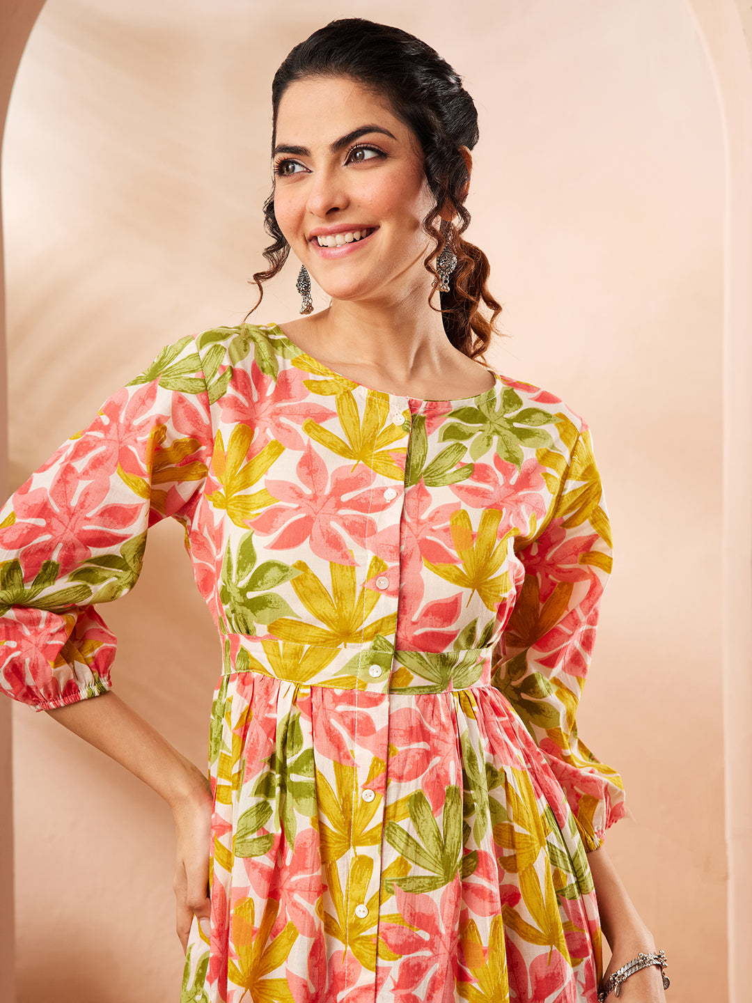 Janasya Women's Multi Color Pure Cotton Floral Printed Gathered Dress