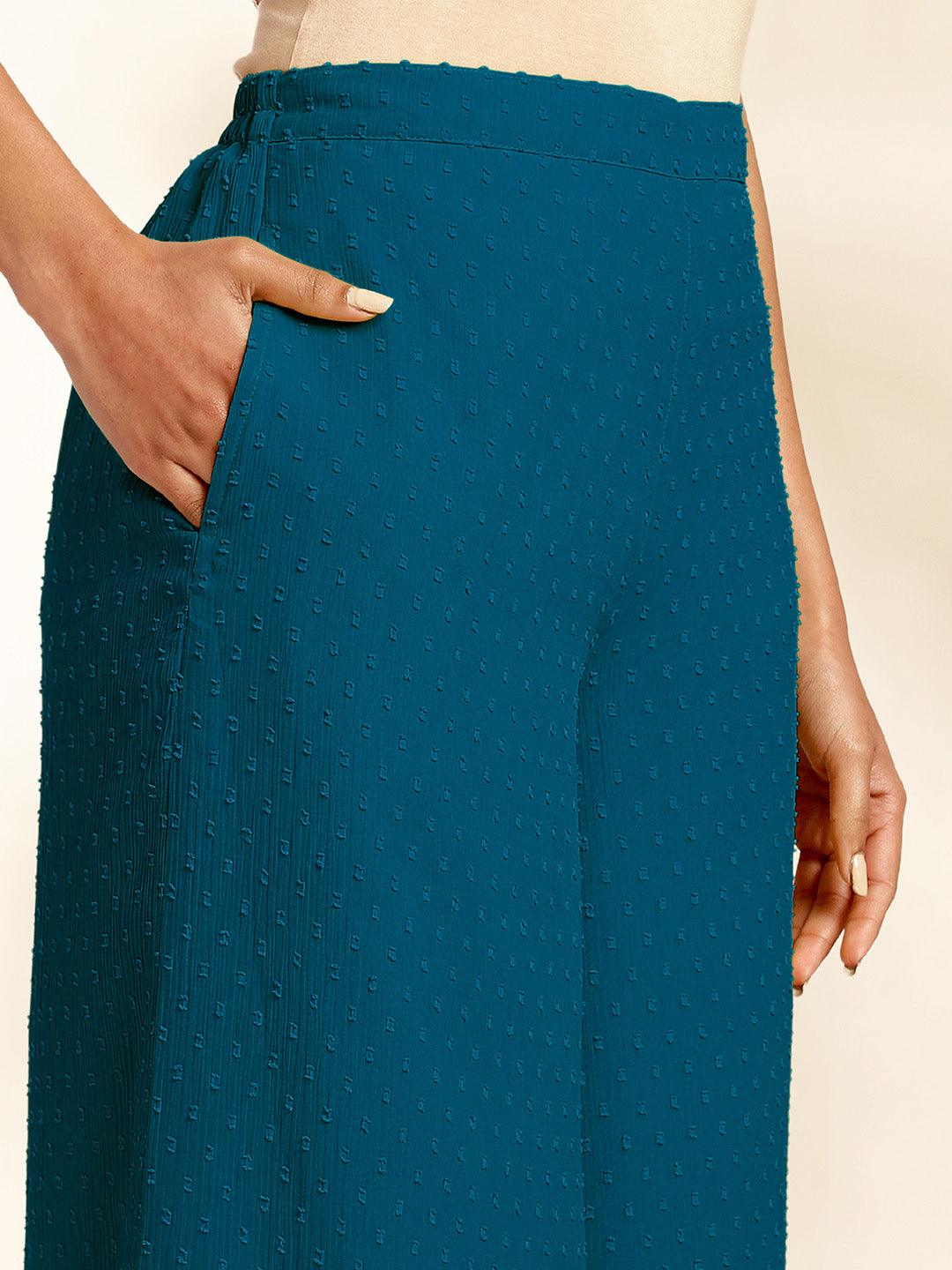 Teal Chiffon Woven Design Gathered Co-Ord Set