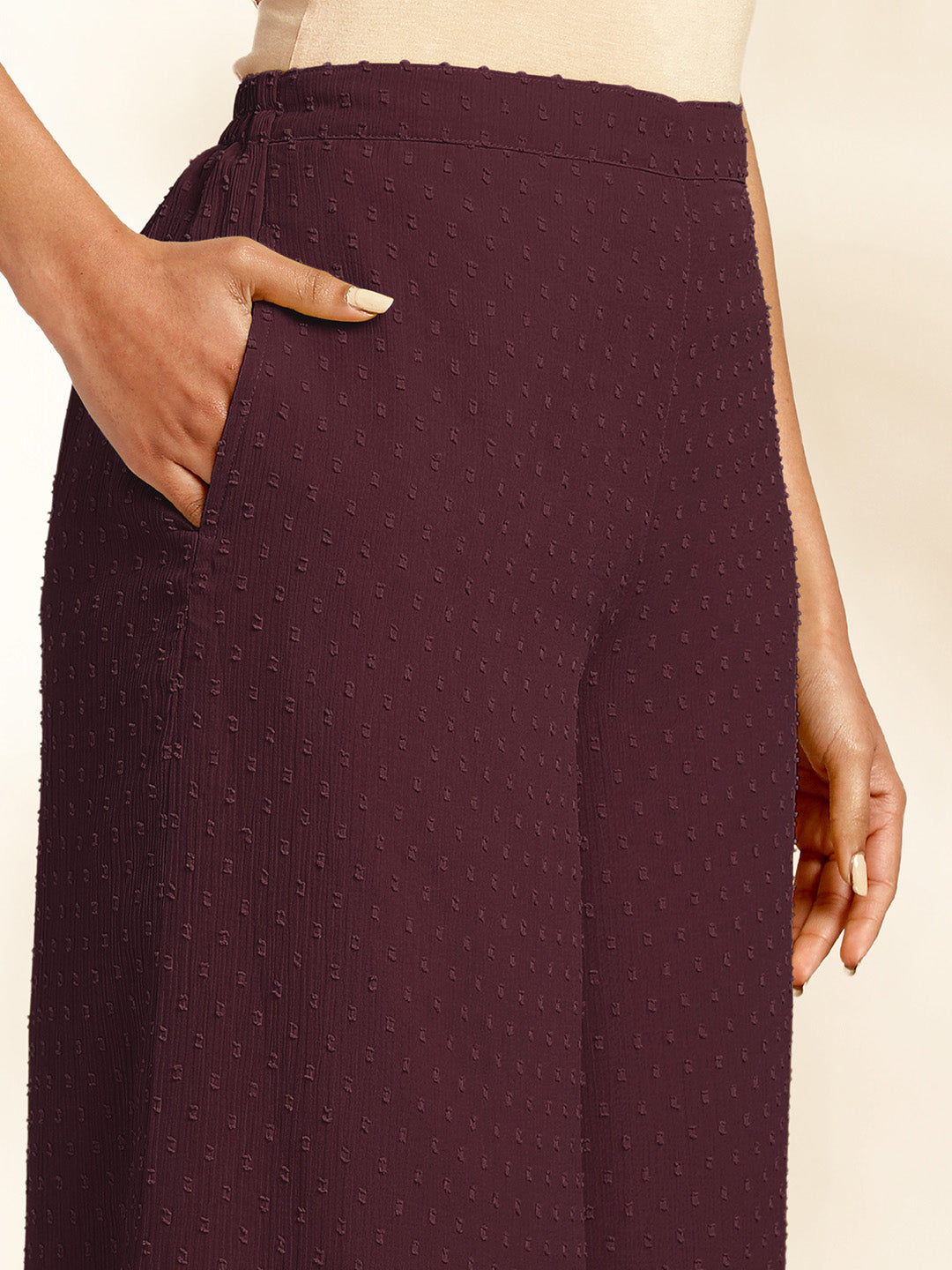 Wine Chiffon Woven Design Gathered Co-Ord Set