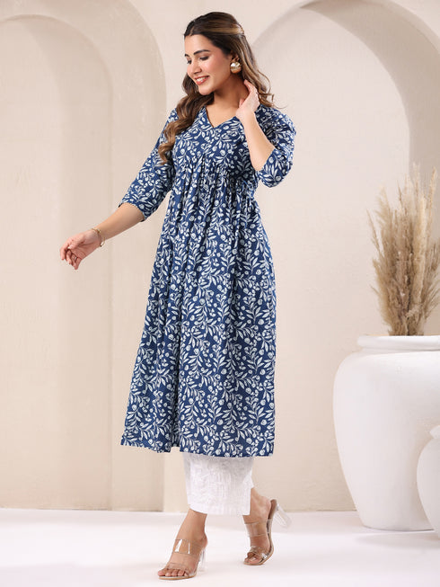Blue Pure Cotton Floral Printed A-Line Kurta