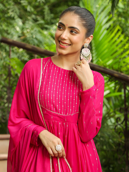 Pink Georgette Foil Printed Anarkali Kurta Set