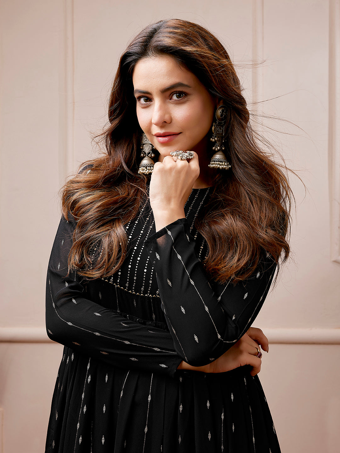 Black Georgette Foil Printed Anarkali Kurta Set