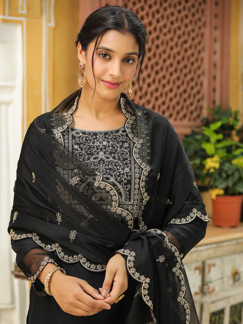 Black Silk Blend Embroidered Straight Kurta Set