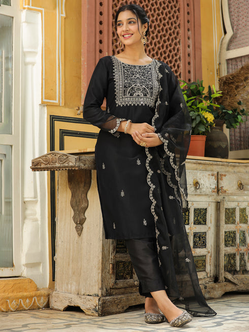 Black Silk Blend Embroidered Straight Kurta Set