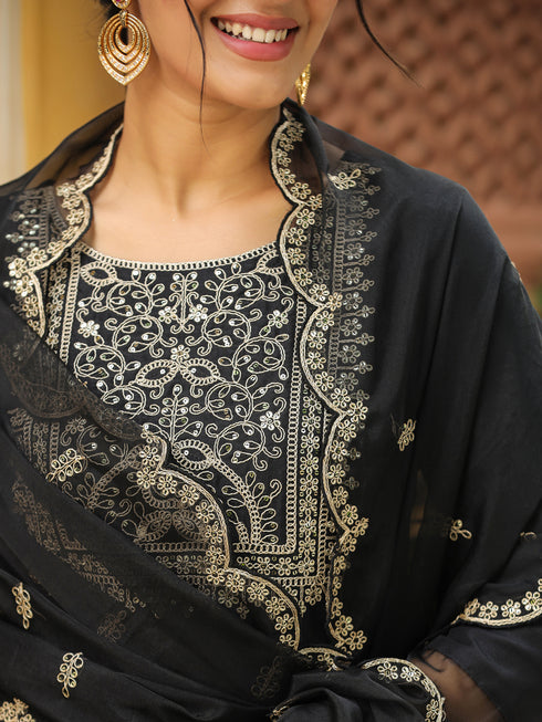 Black Silk Blend Embroidered Straight Kurta Set