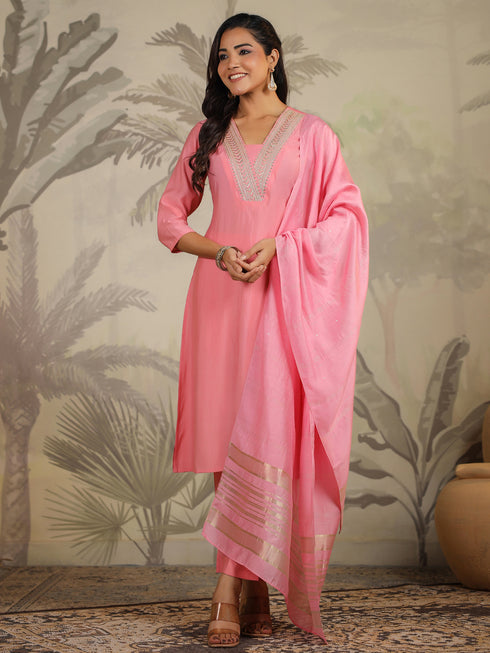 Pink Silk Blend Embroidered Straight Kurta Set