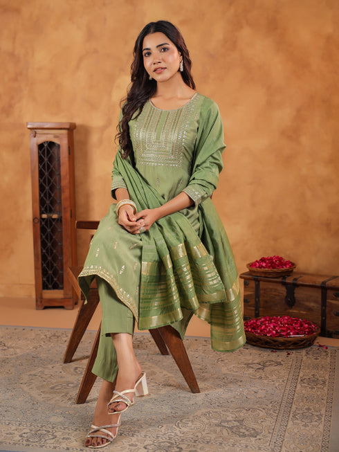 Sage Green Silk Blend Embroidered Straight Kurta Set