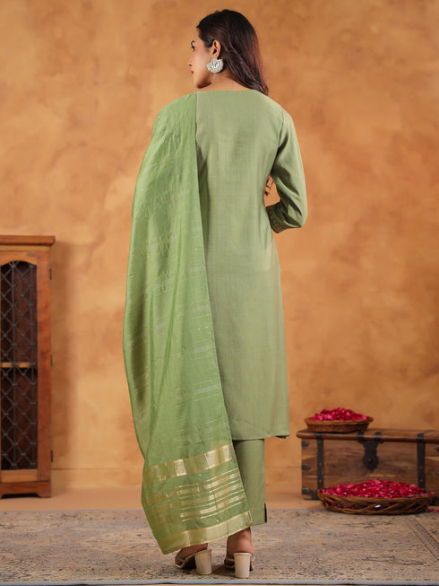 Sage Green Silk Blend Embroidered Straight Kurta Set