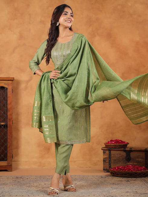 Sage Green Silk Blend Embroidered Straight Kurta Set