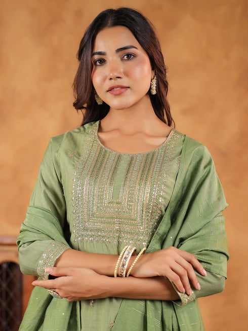 Sage Green Silk Blend Embroidered Straight Kurta Set