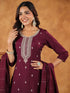 Wine Silk Blend Embroidered Straight Kurta Set