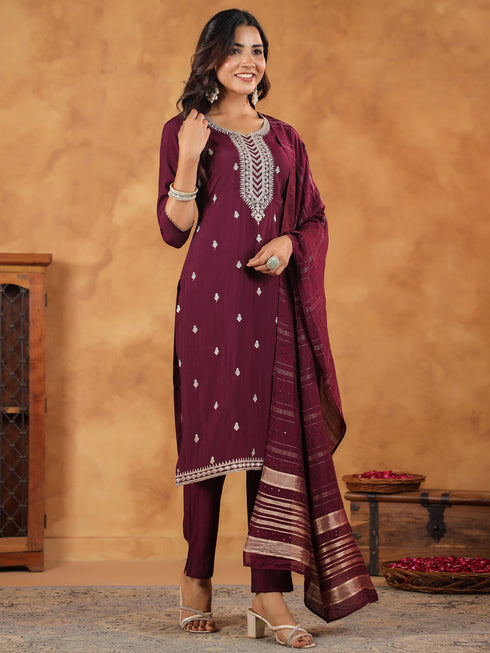 Wine Silk Blend Embroidered Straight Kurta Set