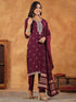 Wine Silk Blend Embroidered Straight Kurta Set