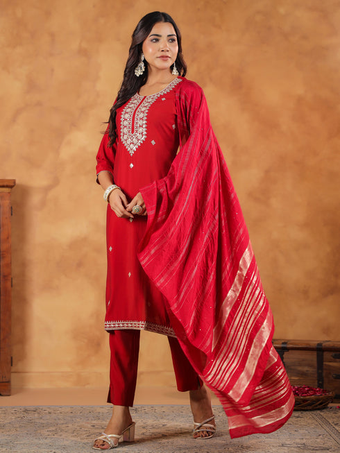 Maroon Silk Blend Embroidered Straight Kurta Set