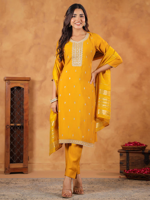 Mustard Silk Blend Embroidered Straight Kurta Set
