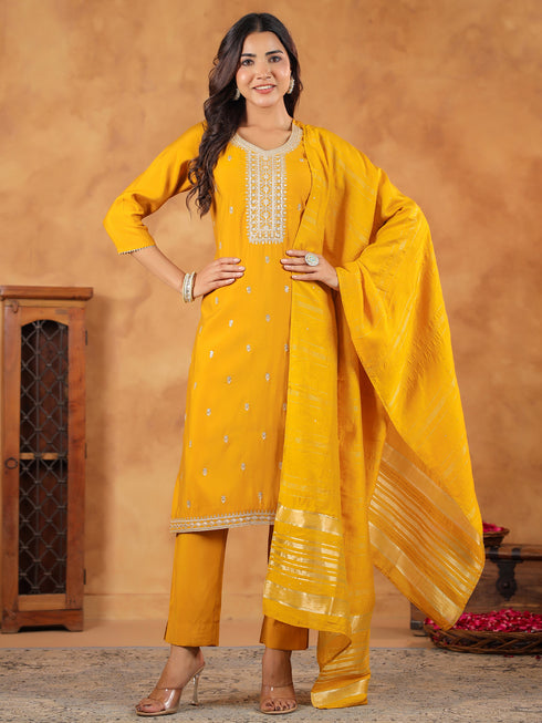 Mustard Silk Blend Embroidered Straight Kurta Set